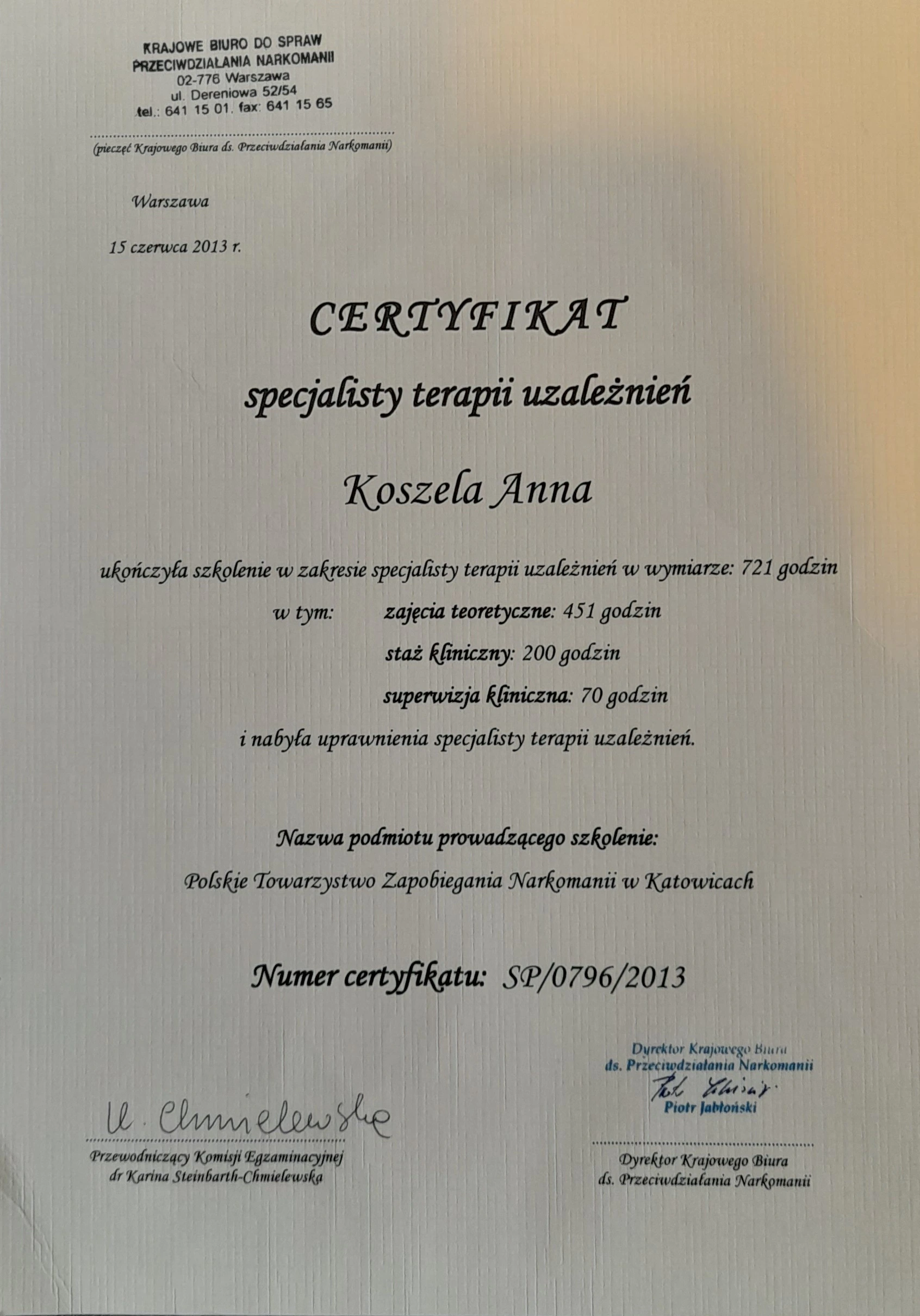 certyfikat specjalisty terapii uzależnień